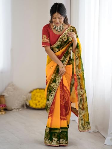 Image of Satrani Women's Georgette Bandhani Printed Embroidered gota lace Saree with Unstitched Blouse Piece