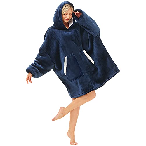 Kipswiza Oversized Wearable Blanket Hoodie - Gifts for Mother Women and Men, Cozy Soft Sherpa & Flannel Fleece Blankets Sweatshirt, Navy