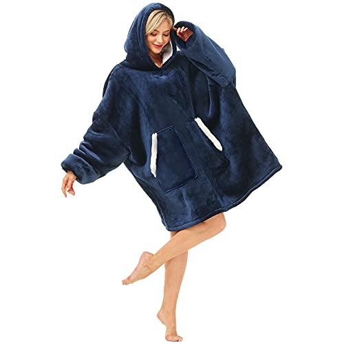 Kipswiza Oversized Wearable Blanket Sherpa Fleece Thick Warm Hoodie Blanket Big Hooded Sweatshirt Hoodie Blanket for Adults Women Girls Teenagers Teens Men Navy