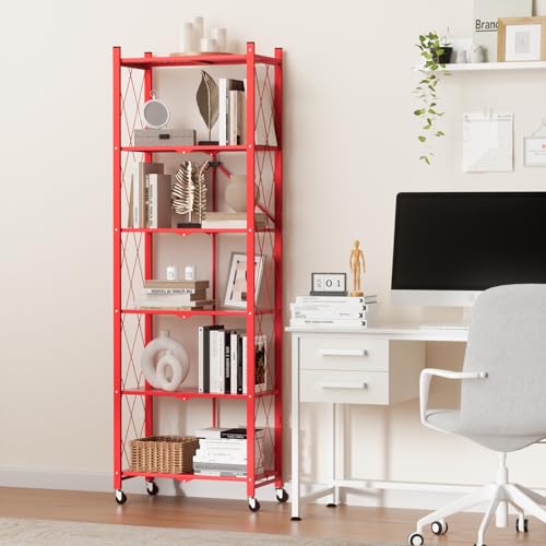 Image of ALANNG 73.6 Inch Folding Bookshelf, 6 Tier Metal Bookcase and Bookshelves | Tall Shelves for Living Room Office Bedroom, Heavy Duty Book Shelve Free Standing Open (Red, 3PACK)