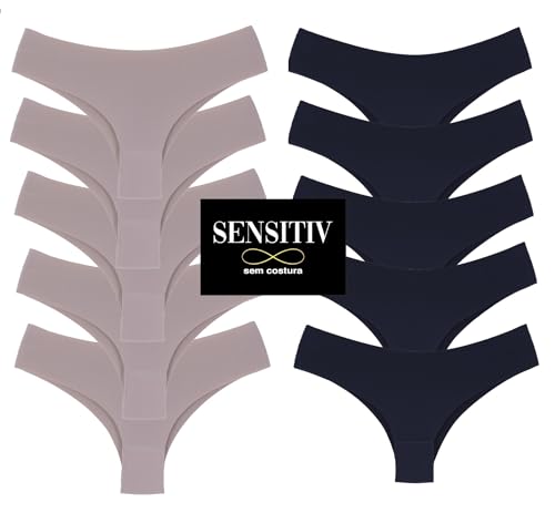 Kit com 10 Calcinhas Tanga Sem Costura, Corte a Laser (BR, Alfa, M, Regular, 5preto + 5nude)