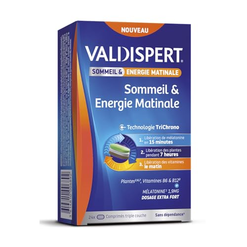 VALDISPERT - Sommeil & Energie Matinale - Complément alimentaire tricouches - Mélatonine 1,9mg, Plantes, Vitamines B6 et B12 - Vegan - Sans gluten, sans lactose - 24 comprimés