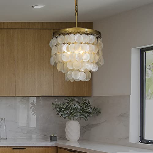 Aloadecor 3-Light Coastal Capiz Natural Seashell Chandelier Lighting Unique 3 Tiers Ceiling Light Antique Brass Electroplate Flush Mount Interior Decor Pendant Light Fixture W13.75 Inch (Gold) #TOP3