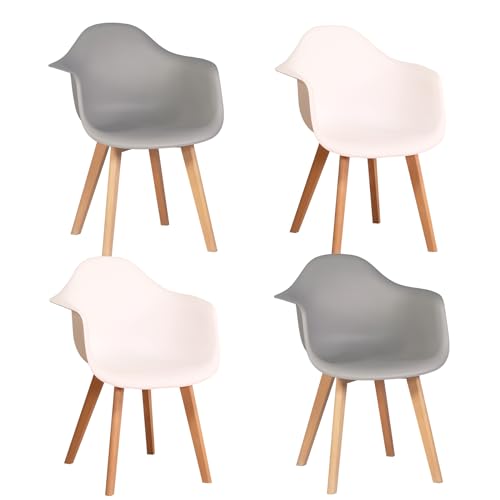 BenyLed Lot de 4 Chaise Salle à Manger, Chaise de Cuisine Scandinave, Fauteuil avec Pieds en Hêtre (Blanc+Gris, Lot de 4)