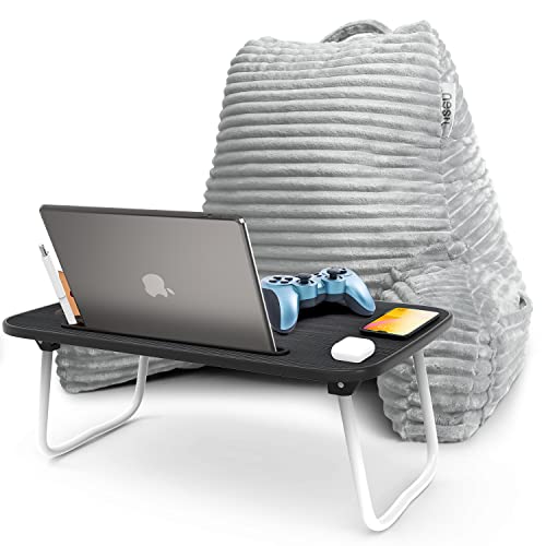 Image of Nestl Light Grey Reading Pillow with Bed Desk for Laptop and Writing, Luxe Cut Plush Back Pillow for Sitting Up, Back and Arms Adjustable Support for Adult and Teens, Foldable Lap Desk for Bed 22x14 inch