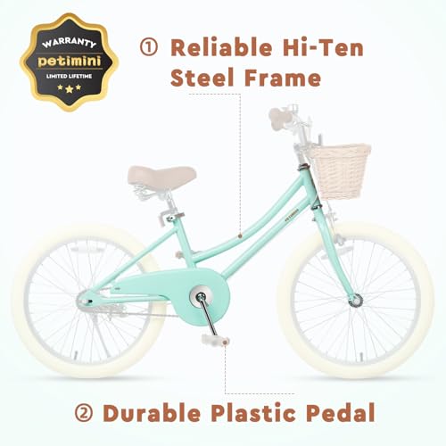 Image of Petimini Vintage Kids Bike for Girls, 12-20 Inch Classic Bicycle with Wicker Basket & Bell, High Tensile Steel Frame, Training Wheels (12-18 inch), 85% Pre-Assembled, Retro Bike for Outdoor Riding