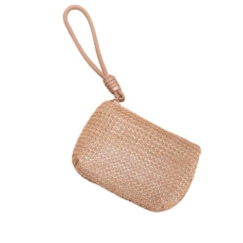 Bolsa feminina de palha de tecido – pequena bolsa de moedas e porta-cartão, carteira boho chique para dinheiro e cartões., Caqui