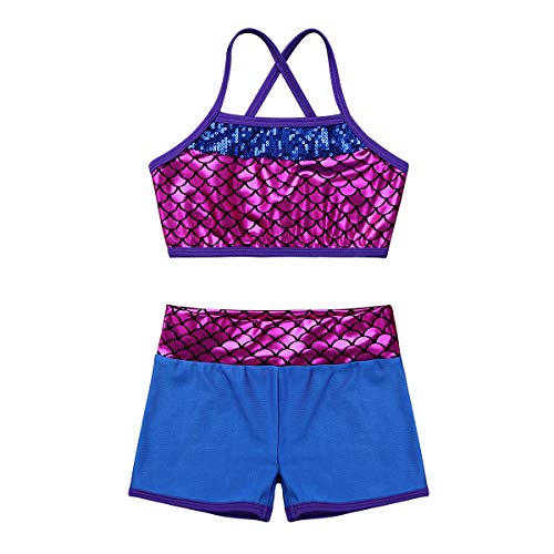 Image of easyforever Kids Girls 2PCS Shiny Mermaid Scales Ballet Dance Outfit Crop Top with Short Tankini Swimsuit