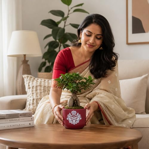 Image of Urban Plant Red Folk Art Handcrafted Terracotta Planter | Hand Painted Artisan Indoor Clay Pot for Living Room | Unique Decorative Flower Pot | Home Decor Gift | Drainage Hole | 4.5 Inch