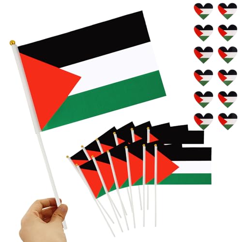 12 Pcs Bandera De Palestina Pequeña+12 Pcs Calcomanías de Palestina,20 x 14.5 cm Mini Banderas de Palestina con Poste,4 x 3.5 cm Pegatinas de Palestina Corazón,para Decoración