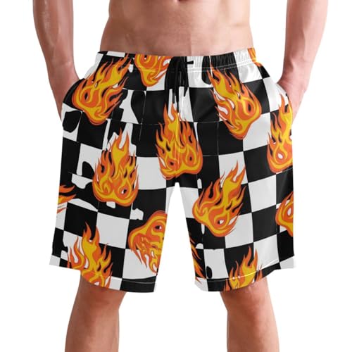 Men's Swim Trunks Quick Dry Swimming Shorts with Pocket Flame Checkerboard Pattern Swimsuit Trunks