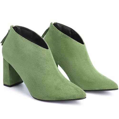 Image of Perphy Pointed Toe Cutout Block Heel Ankle Booties for Women Green 5.5 UK/Label Size 7.5 US