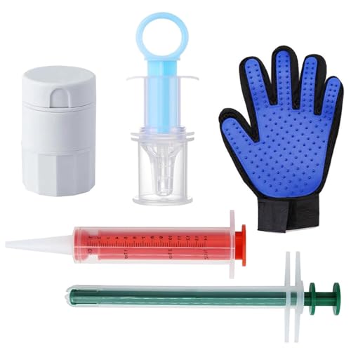 TrekaYumo Pill Shooter for Cats Dogs, 5-in-1 Pet Medication Kit with Pill Popper Gun, Liquid Syringe, Anti-Choke Dispenser, Pill Cutter Grinder & Pet Grooming Deshedding Brush Glove | Reusable Safe