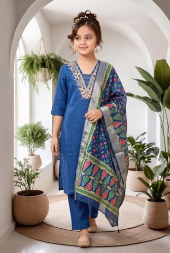 Image of Girls Cotton Blend Embroidered Kurta Pant with Printed Banarasi Style Dupatta Set | Festive Ethnic Wear for Kids | Traditional Suit Set for Girls (4-14Years)
