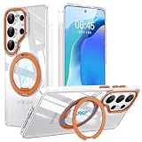 Tekka Galaxy S26 ultra 用 ケース【360°回転スタンド・MagSafe対応】耐衝撃 薄型 リング一体型 スタンド付き スマホケース 米軍MIL規格 指紋防止 黄変防止 カメラ保護 動画視聴 撮影にも便利 (クリア_オレンジ, Galaxy S26 ultra)