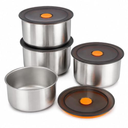 Image of Tanjiae Round Stainless Steel Food Container 500ML | Airtight Silicone Cover | Leak-Resistant Reusable Storage Bowl for Kitchen, Refrigerator, Snacks & Leftover Food (Round Storage Box 4 Pcs)