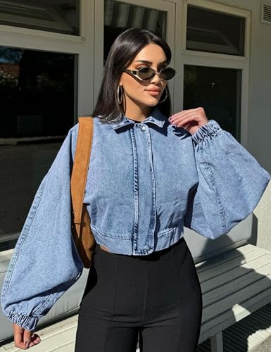 Qazel Vorrlon Womens Oversized Cropped Denim Jacket Zip Up Light Wash Blue Bomber Shacket Jean Jacket for Women Trendy 20253
