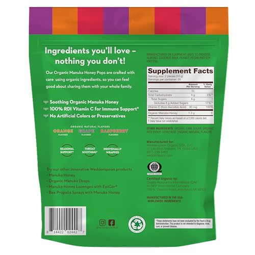 Wedderspoon Organic Manuka Honey Lollipops, Variety Pack, 70 Count (Pack of 1) Genuine Manuka Honey + Vitamin C No Artificial Flavors or Dye Feel Better Lollipop for Kids & Grown-ups