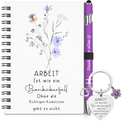 Sinmoe 3er Set Dankeschön Geschenke für Kollegen Mitarbeiter inklusive Spiral Notizbuch Kugelschreiber mit Schlüsselanhänger Kollegen Abschiedsgeschenk(ARBEIT ist wie ein Banküberfall)