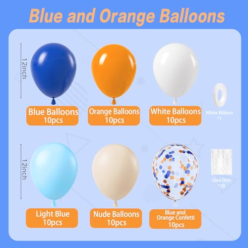 Image of BAUANOOY Blue and Orange Balloons, 60pcs 12 Inch Orange Blue White Nude Latex Balloon with Confetti Balloons Ribbon for Baby Shower Graduation Blue Birthday Party Decorations