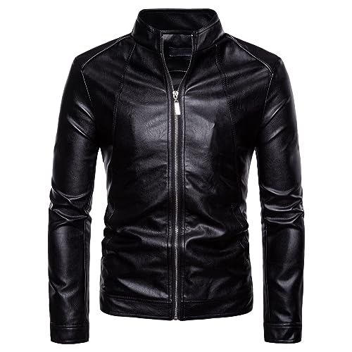 Men's Stand Collar Leather Jacket Male Slim Fit Leather Jacket Men Lightweight Autumn Faux Leather Outwear
