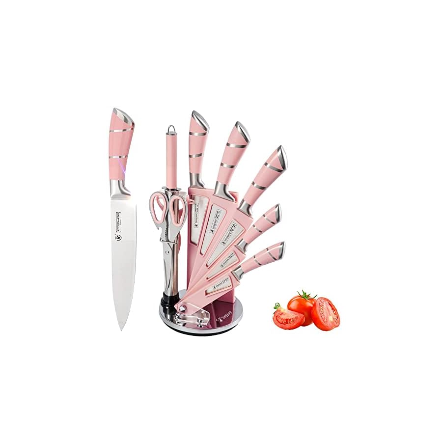 YF-TOW Knife Block Set, Kitchen Knife Set with Stand, 9 PCS Pink Sharp Stainless Steel Knife Set with Chef Knife,Bread Knife,Carving Knife,Scissors and Knife Sharpener (Pink)