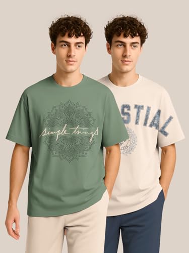 Image of BULLMER Trendy Half Sleeve Oversized Cotton Blend Crew Neck Tshirt for Men - Pack of 2
