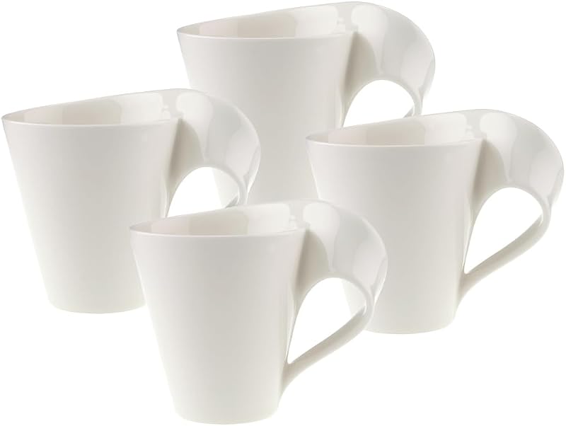 Villeroy & Boch NewWave Caffe Collection Coffee Mug, Set of 4, Premium Porcelain, Made in Germany, 8 oz Capacity, Rich, Creamy White | Four creamy white porcelain mugs, wave-textured handles, made in Germany, dishwasher and microwave safe, great for a crowd