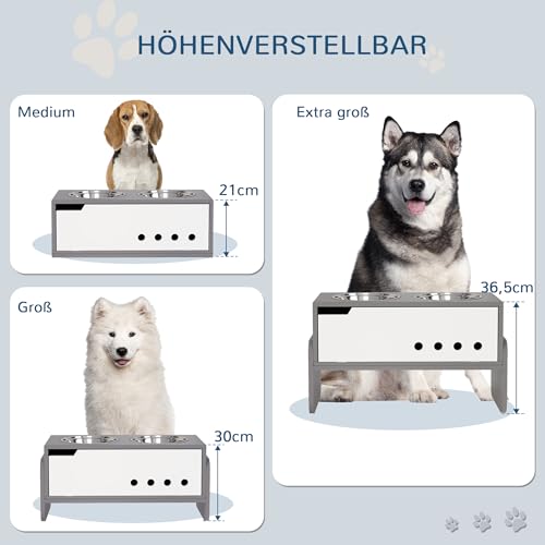 PawHut Erhöhter Hundenapf Höhenverstellbar Futternapf mit Stauraum Wassernapf 2 x 2000ml Edelstahlnäpfen Langsamfutternapf verstellbar Fressnapf Futterstation für Große Hunde Katzen Grau