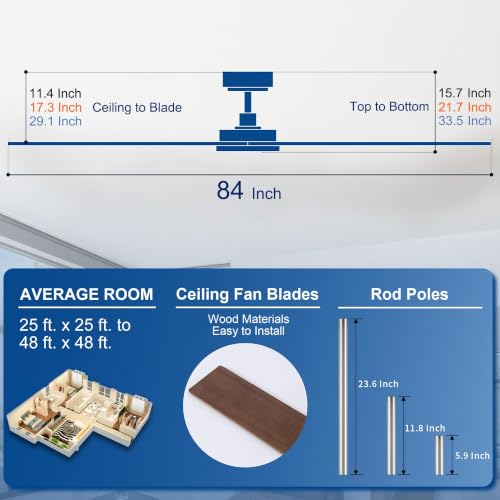 Image of Rayqueen 84 Inch Brushed Nickel Ceiling Fans with Lights and Remote,Downrod