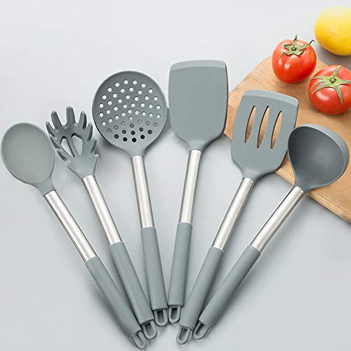 Silicone Kitchen Cooking Utensil Set,25PCS Kitchen Utensils with Holder,Heat-Resistant Non-Stick BPA-Free Stainless Steel Handle Silicone Spoons Spatula Turner Whisk Tongs Cooking Tools - Grey