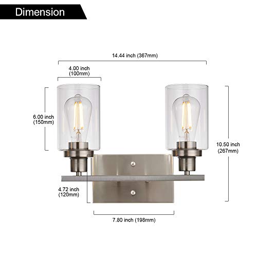MELUCEE Metal Wall Lights with Clear Glass Shade 2 Heads Bathroom Light Fixtures Brushed Nickel Modern Vanity Lights Sconces for Hallway Bedroom Kitchen