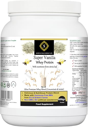 Super Vanilla Whey Protein - Muscle Growth & Recovery, Energy, Immunity - Isolate, Stevia, Vegetarian - 600g Meal Shake Powder