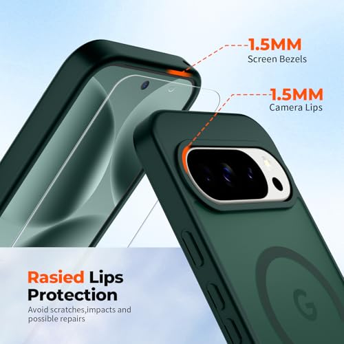 Image of SUPFINE Magnetic for Google Pixel 10 Pro XL Case with Screen Protector, (Built-in Magnets) ((Military Grade Drop Protection) Slim Translucent Shockproof Phone Case,Forest Green