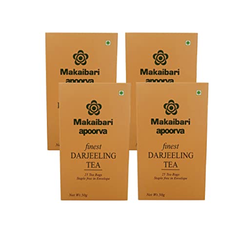 Image of Makaibari Apoorva Organic Darjeeling Black Leaf 25 Tea Bags, 50 Grams | 100% Organic Tea | Premium Darjeeling Whole Long Leaf Black Tea - (Pack of 4) (25 Tea Bags Each)