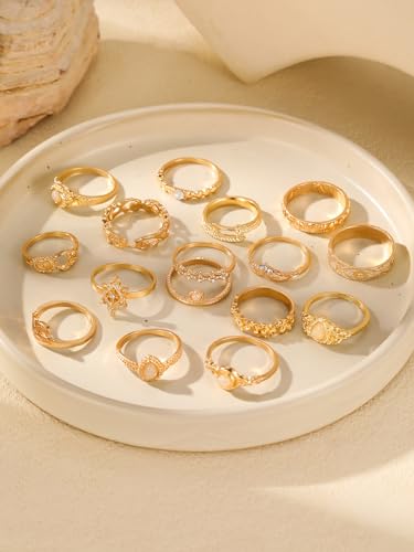 15 PCS Vintage Gold Rings Set, Fashionable Stackable Finger Rings for Women, Elegant Band Ideal for Engagement, Anniversary, or Special Celebrations, Trendy Jewelry Collection (Gold)2
