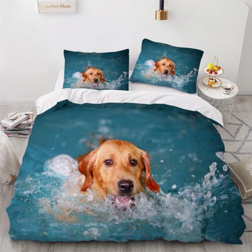 DILANI Bettwäsche 135x200 Kinder Hund 3D Bettwäsche-Set 3 Teilig Schwimmender Golden Retriever Weiche Microfaser Bettbezug mit Reißverschluss und Kissenbezug 80x80cm für Mädchen Jungen Kinder