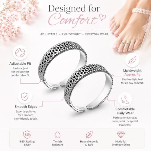 Image of Exclusive 925 Sterling Silver Toe Rings for Women | Gift for Women and Girls | Bichiya | Certificate of Authenticity|Adjustable