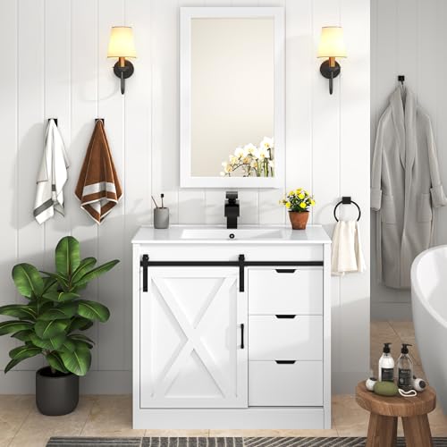 chartustriable 36 Inch Bathroom Vanity with Sink & Faucet & Mirror, Farmhouse Bathroom Vanity Cabinet Set with Sliding Barn Door & Drawers, Small Single Bath Storage Vanity Sink, White