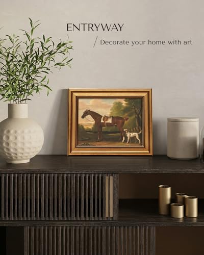 Image of HUARCEY Gold Framed Vintage Wall Art for Living Room, Animals Painting Prints Shelf Decor for Kitchen, Aesthetic Bedroom Wall Art, Best Gifts for Friends or Family - Human Horse Dog 10L x 8W