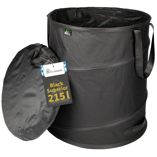 TTL Commerce TTL Garden Sac de jardin escamotable de qualité supérieure, 215 L, noir, double base, 260 g/m², extra stable, Oxford 600D, 215 litres, sac à déchets de jardin, sac à feuilles pliable, déc