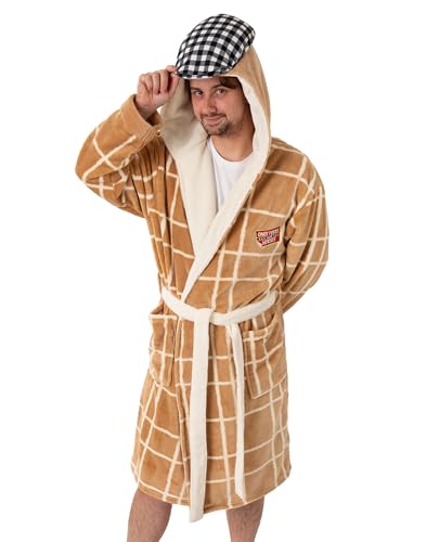 Only Fools and Horses Mens Brown & Cream Hooded Bathrobe | Cosy Fleece Loungewear for Bathing & Lounging | Classic Checkered Design | TV Programme Merch - Medium