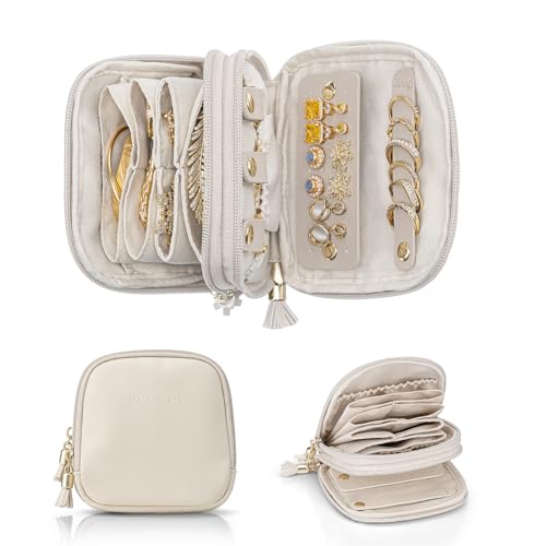 VLANDO Schmuckkästchen Reise 2 lagige Schmuckaufbewahrung Reise Schmuck Reiseetui mit mehreren Fächern für Ringe Ohrringe Uhren Halsketten und Armbänder Beige