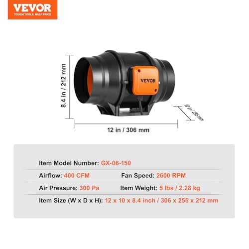 Image of VEVOR Inline Duct Fan, 6-Inch 400 CFM with Variable Speed Controller, Quiet AC-motor Ventilation Exhaust Fan for Cooling Booster, Grow Tents, Hydroponics