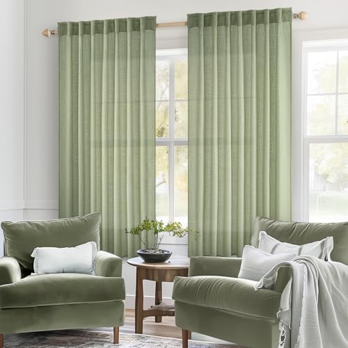 MIULEE Sage Green Linen Curtains 54 Inch Length 2 Panels for Bedroom Living Room, Soft Thick Linen Textured Short Window Drapes Semi Sheer Light Filtering Back Tab Rod Pocket Burlap Look Decor