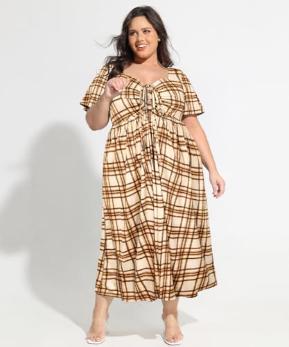 Image of CARCOS Plus Size Dresses for Curvy Women Tie Sweetheart Neck Summer Maxi Dress Short Sleeve Empire Waist Floral Boho Dress