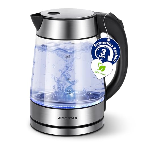 Aigostar Glas Edelstahl Wasserkocher mit LED-Beleuchtung, Kalkfilter – Ansicht 1