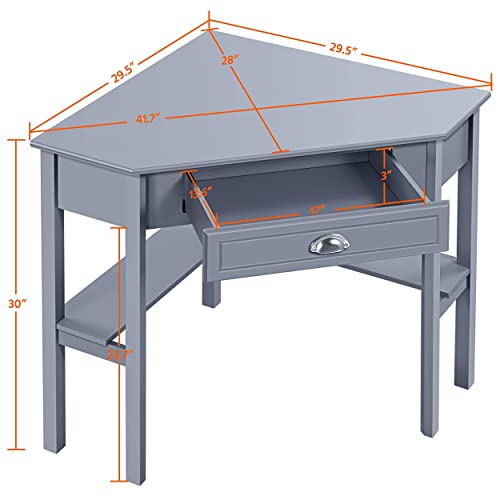Yaheetech Wood Triangle Computer Desk Corner Table With Large Drawer & Storage Shelves, 90 Degrees Writing Desk Laptop Pc Table For Home Office, Study Workstation For Small Space, Gray #TOP2