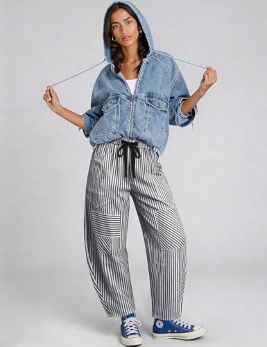 Image of TARSE Womens Striped Linen Barrel Pants with Pockets Y2k Patchwork