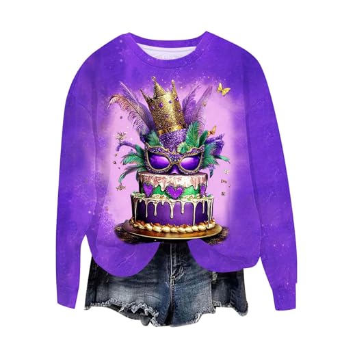 LMSXCT Mardi Gras Sweatshirt for Women Mask Cake Graphic New Orleans Long Sleeve Pullover Fat Tuesday Top Carnival Outfit